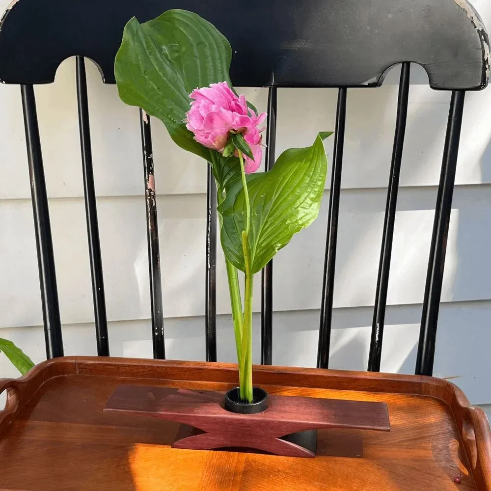 Signed Studio Craft Ikebana Vase Wood Flower Arranger Kenzan Frog MCM